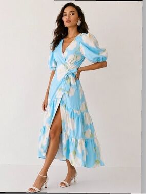 Anthropologie Hutch Marisol Puff Sleeve Floral Wrap Midi Dress Size SP Sky Blue